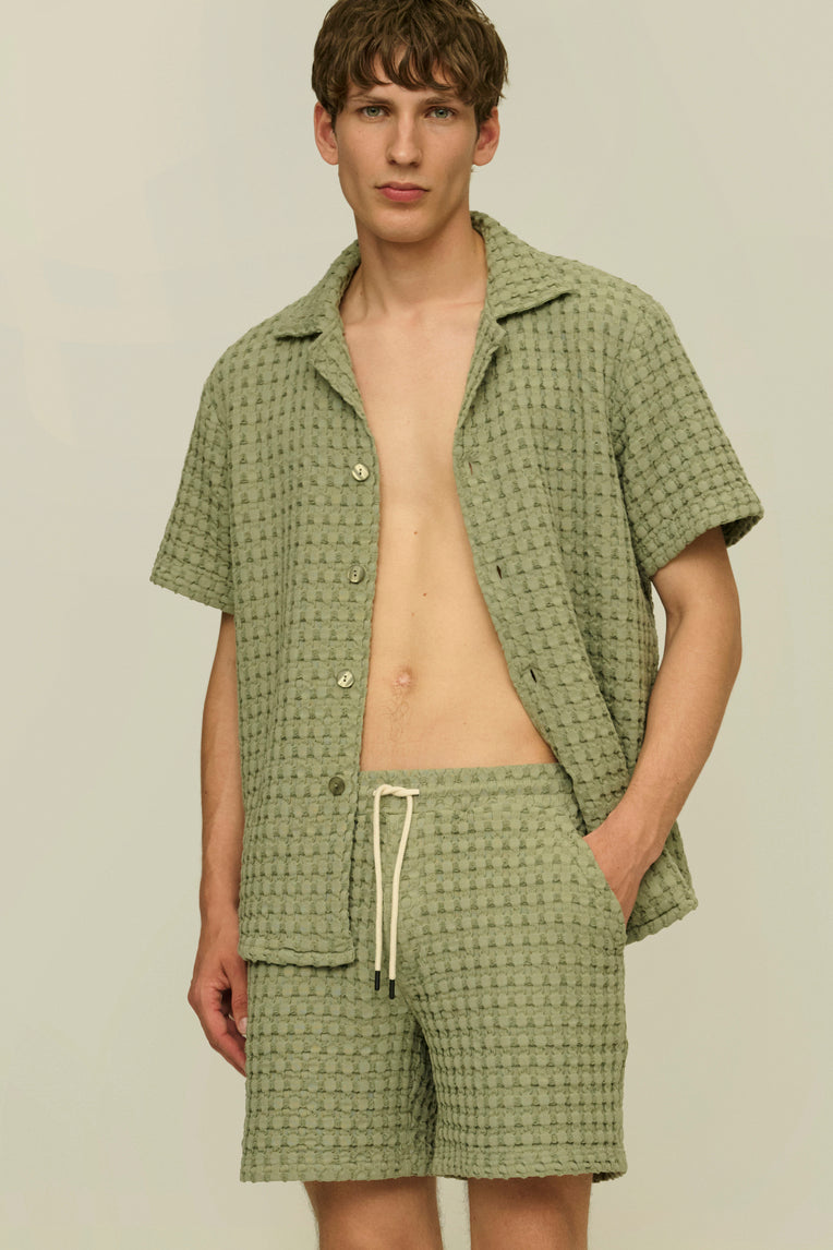 DUSTY GREEN PORTO WAFFLE SHORTS