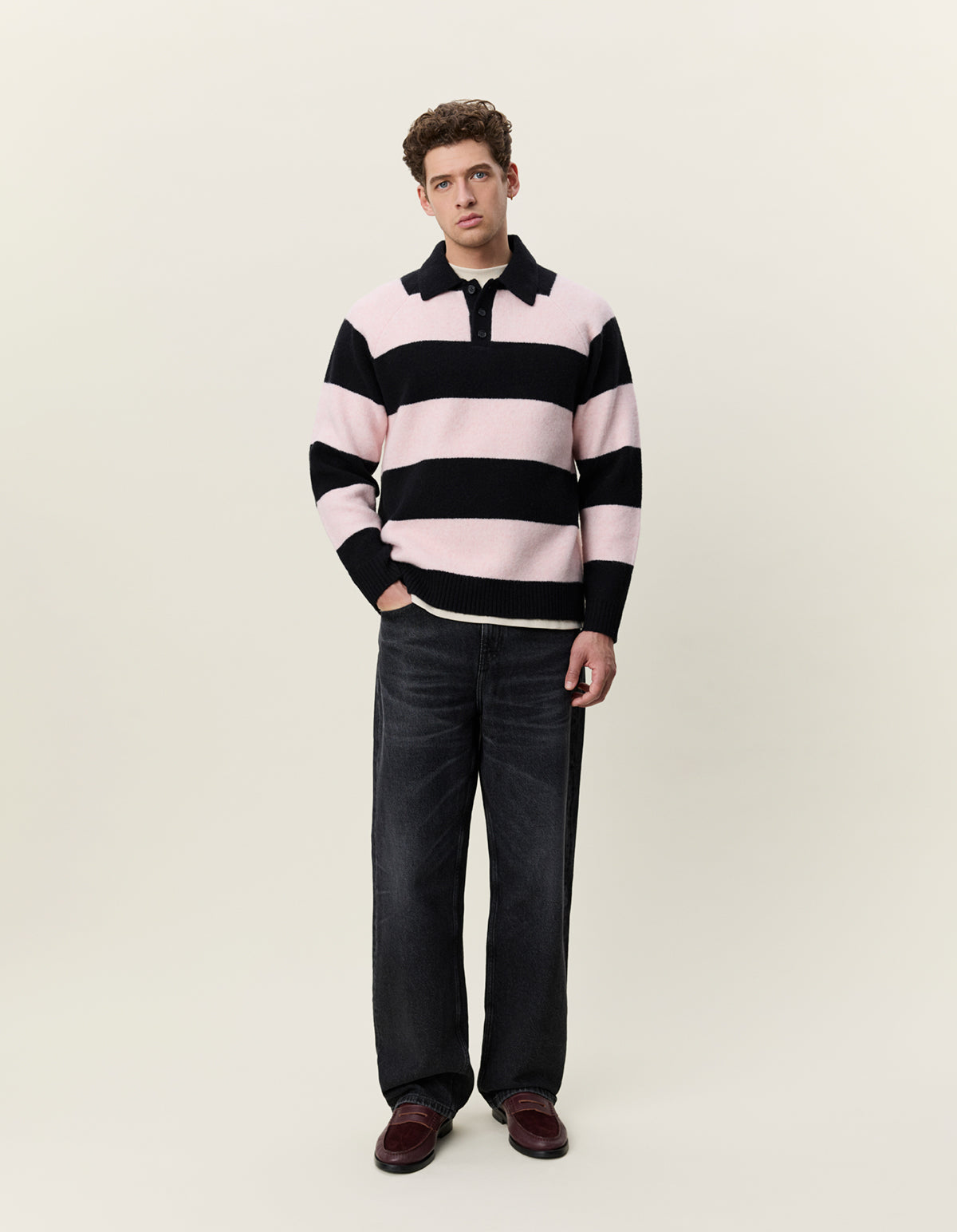 STRIPED MELANGE KNITTED LS POLO